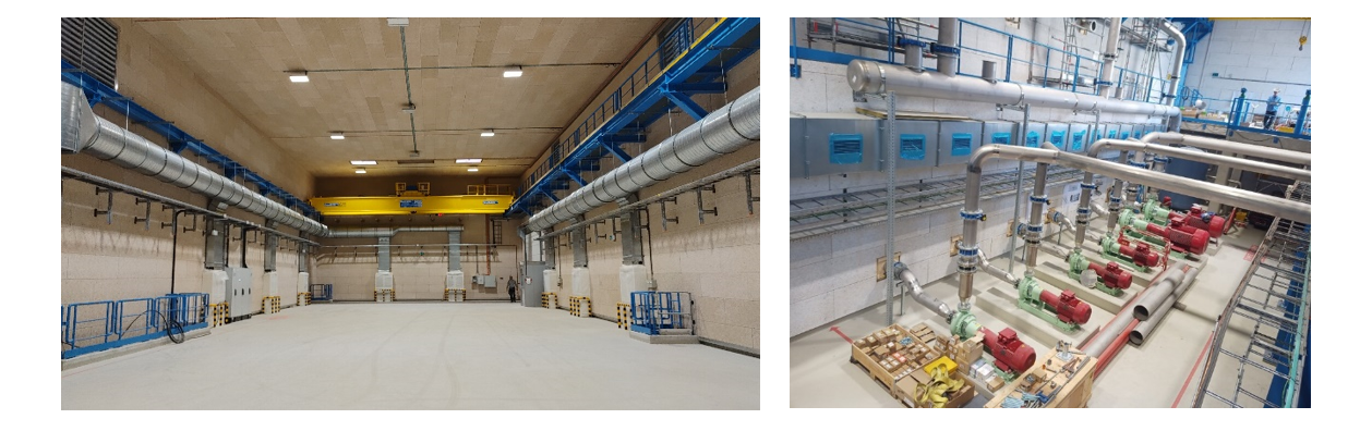 Fig. 3 (left): SHM building with its general services. Fig. 4 (right): SF building with general services and its primary-water cooling infrastructure